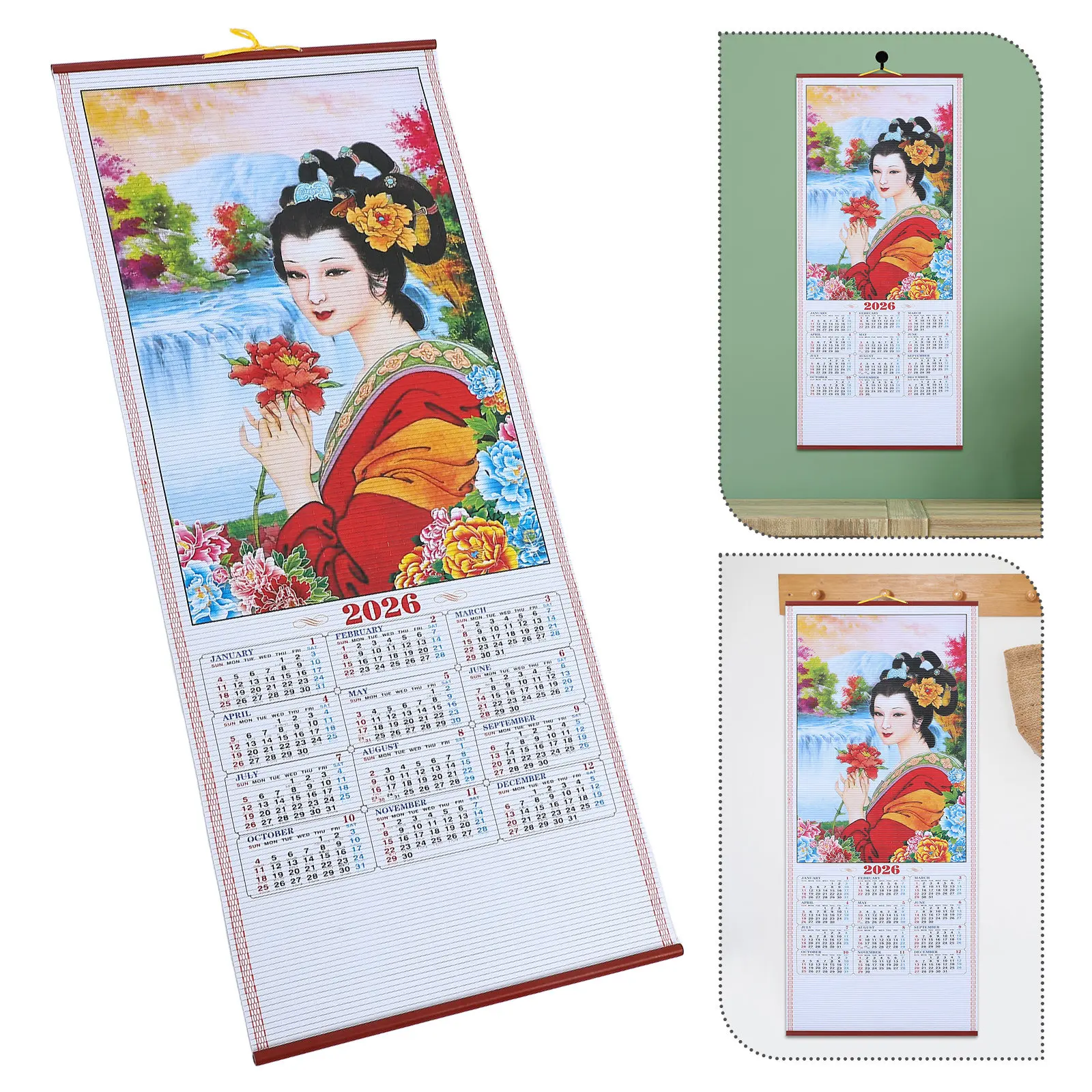 

Horse Year 2026 Faux Rattan Hanging Scroll Calendar Traditional Chinese Wall Calendar Living Room Office Lunar Year Decoration