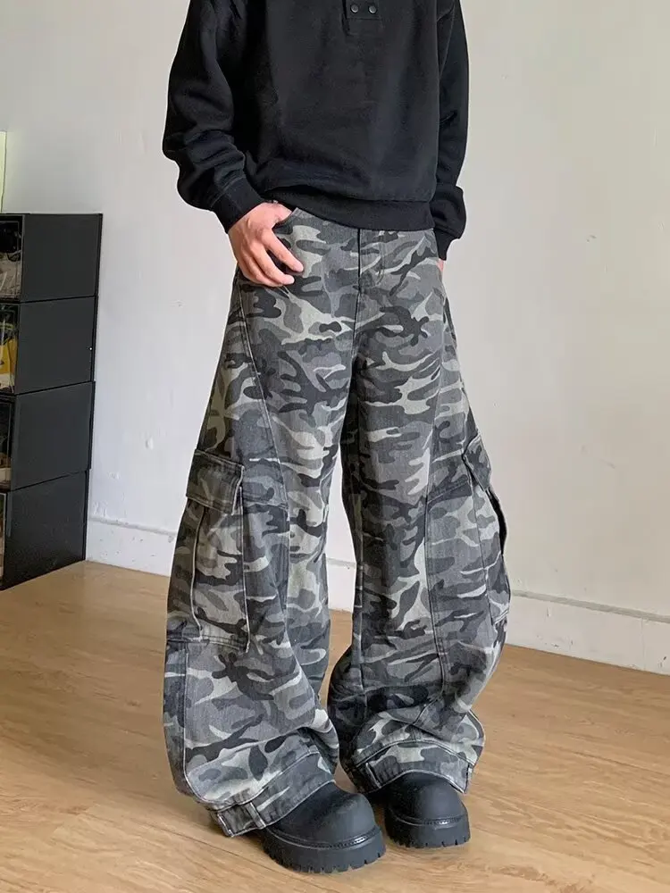 

Мужские широкие брюки в стиле американского ретро с камуфляжным принтом, свободные повседневные джинсы-брюки с дизайнерским эффектом, удлиненные