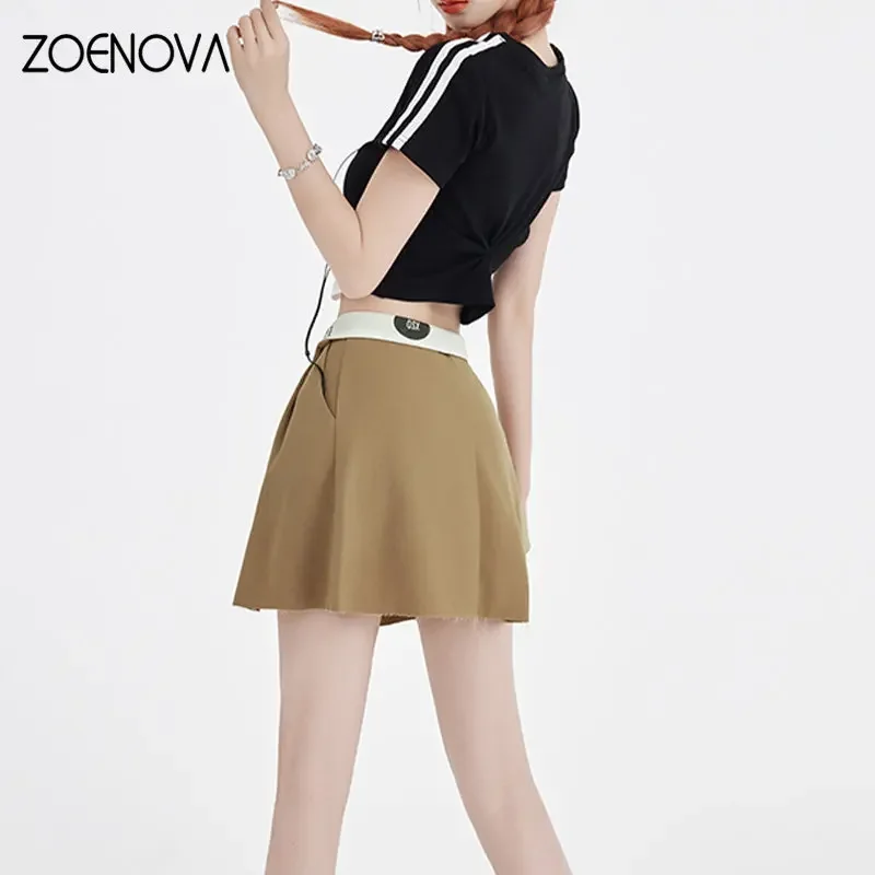 ZOENOVA 2023 Chic Women's Harajuku Two Ways Lined Retro Street Waist Cuffed Pleated Frayed Casual Loose Denim Skirt Y2K Shorts