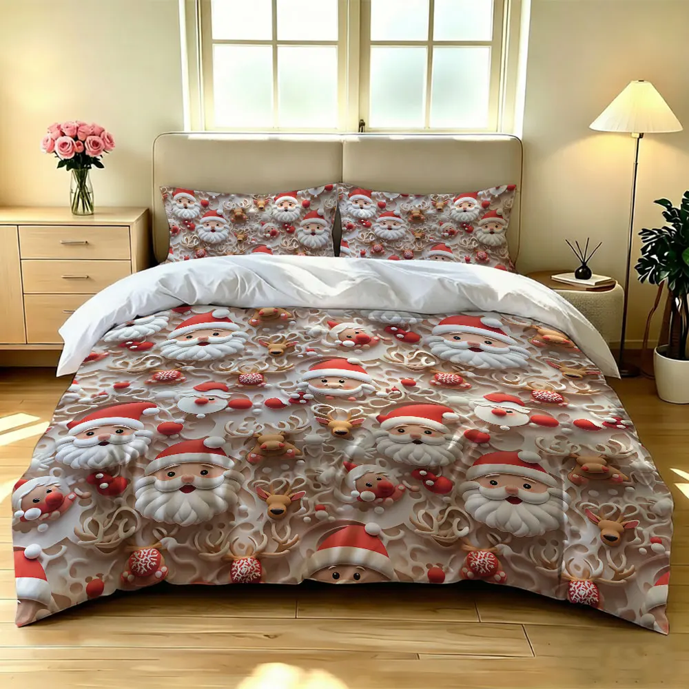 3pcs(1 bedspread + 2 pillowcases) with a Christmas three-dimensional cartoon Santa Claus and reindeer pattern home decoration