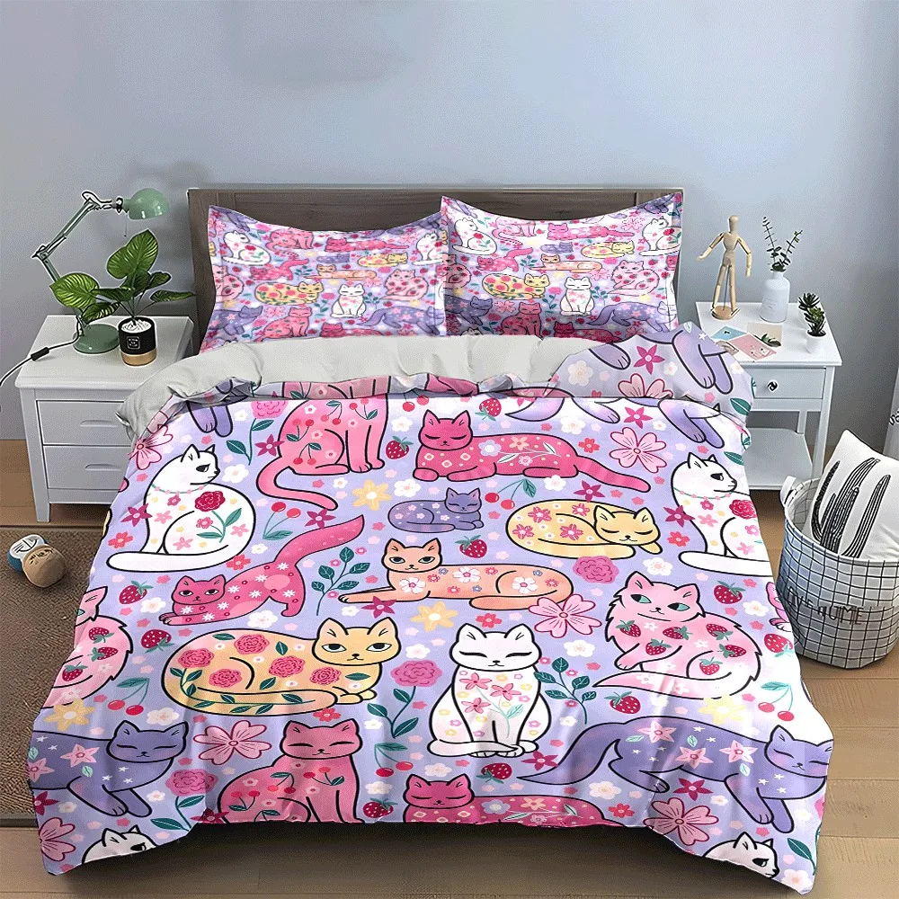 

Colorful Cats and Floral Patterns Trio Exquisite three-piece bedding set gift for kids and adults