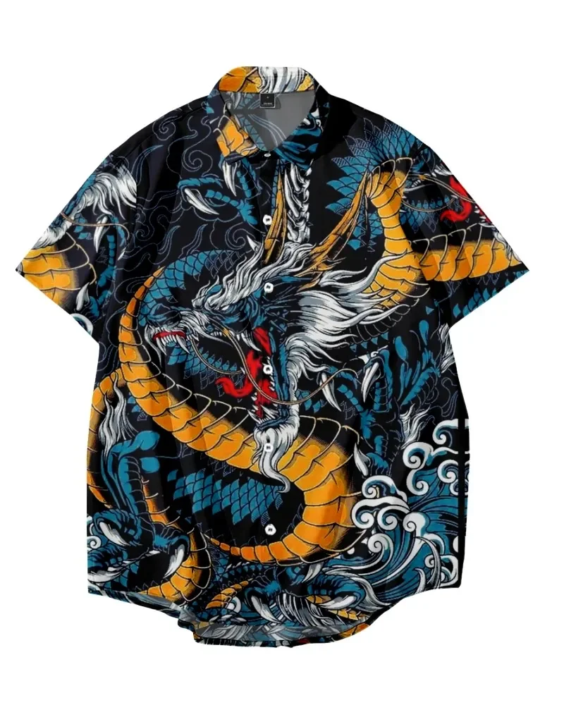 

New Year Dragon Hawaiian Casual Men's Short Sleeve Shirt Y2k Vintage Top Breathable Camisas Casuais Blouse Man Clothing Society