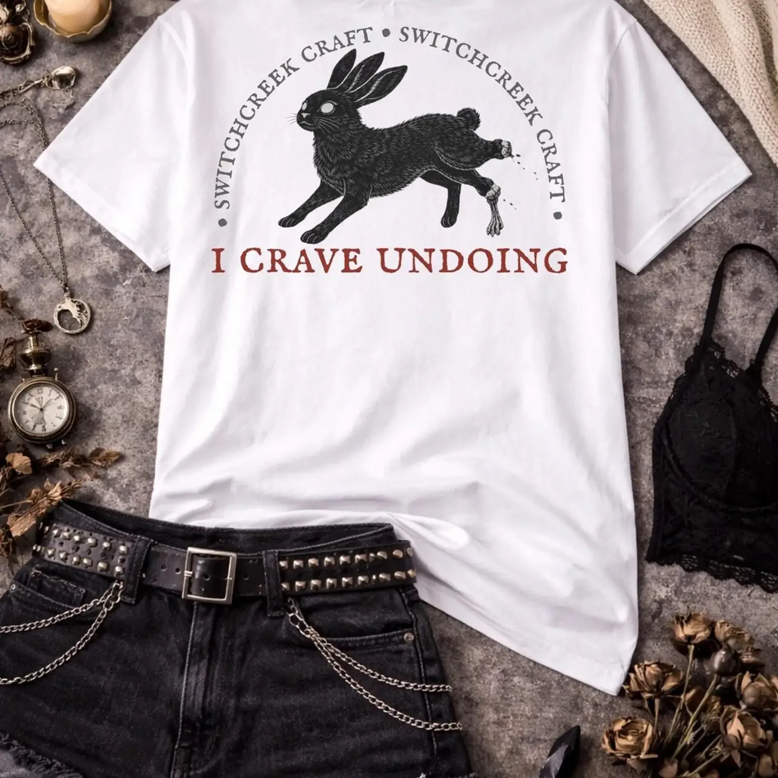 White Gothic Rabbit I Crave Undoing T Shirt Cottagecore Witchcore Dark Academia Aesthetic Alternative Casual vintage Washed