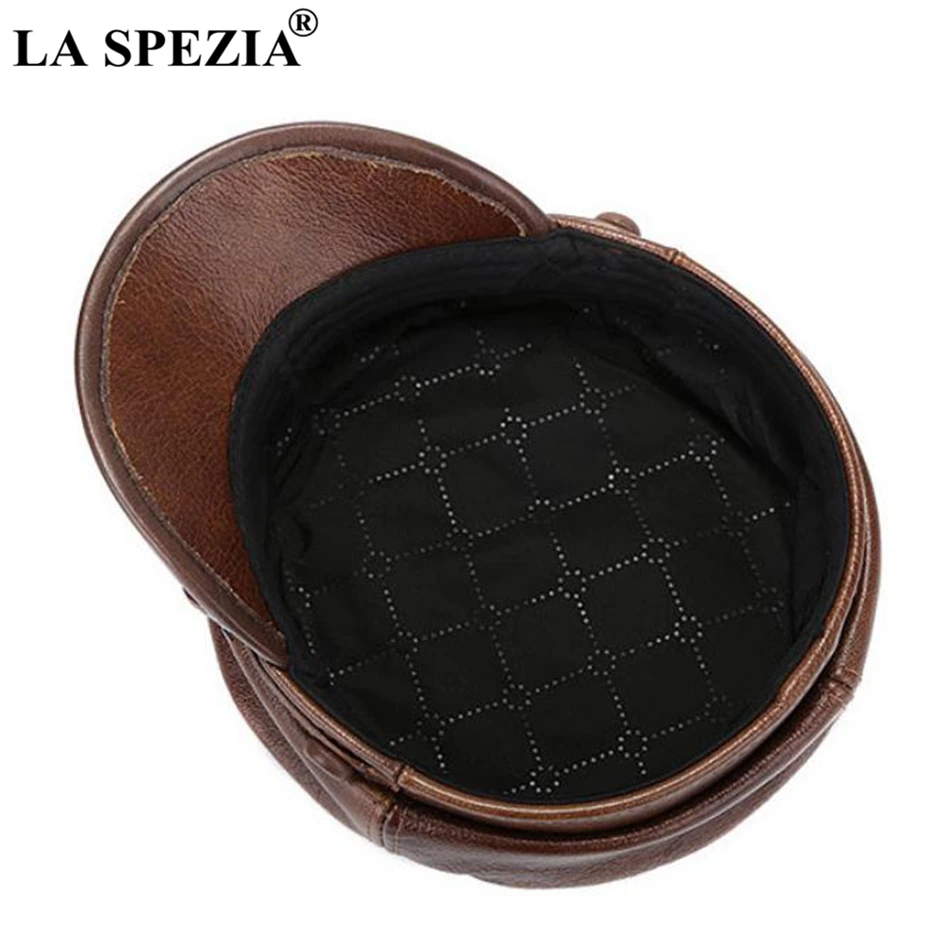 LA SPEZIA Brown Military Captains Hat Men Genuine Cow Leather Newsboy Cap Flat Women Autumn Winter Luxury Designer Sailor Caps