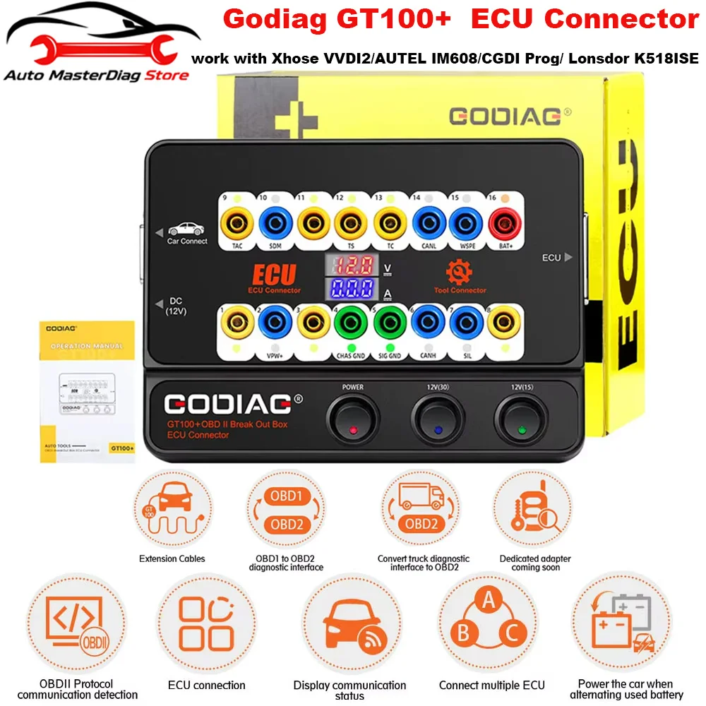 Godiag GT100+ GT100 Pro OBDII Breakout Box ECU Bench Connector Adds Electronic Current Display and CANBUS Protocol