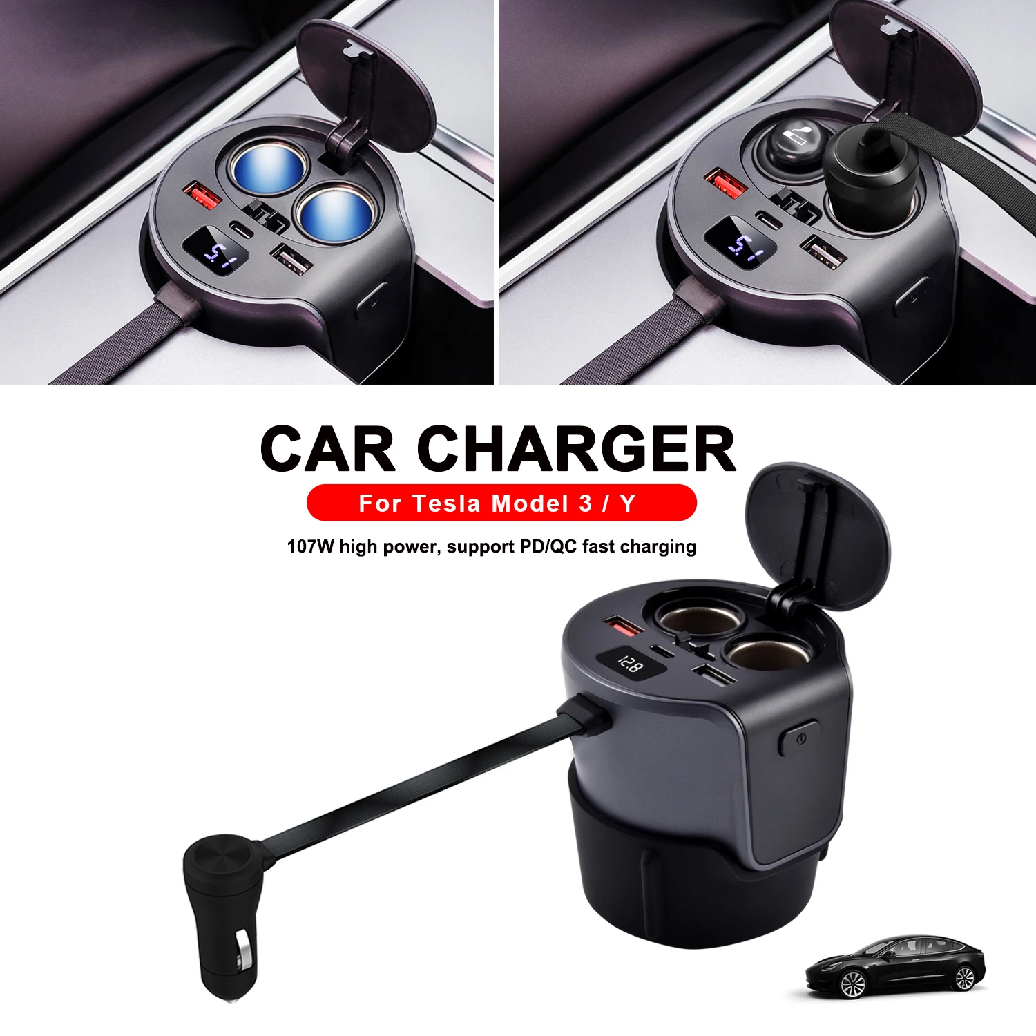 Fast USB Cup Holder Car Charger Adapter For Model 3 Y 2021-2023 Cigarette Lighter Voltmeter 12V Socket Display Temperature Wate