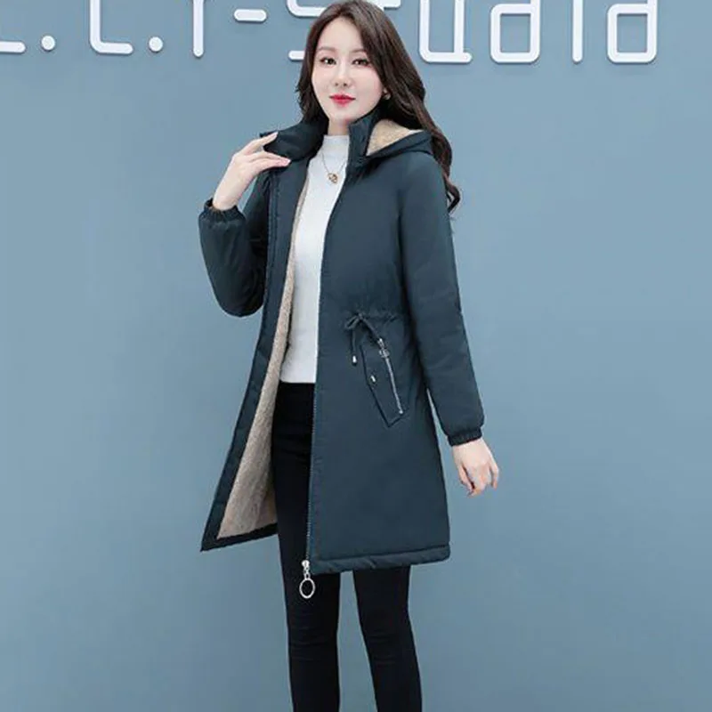 New Womens Padded Jacket Long Hooded Parker Overcoat Plus Velvet Thicke Winter Warm Coat Female Korean Casual Cotton Clothes 4XL