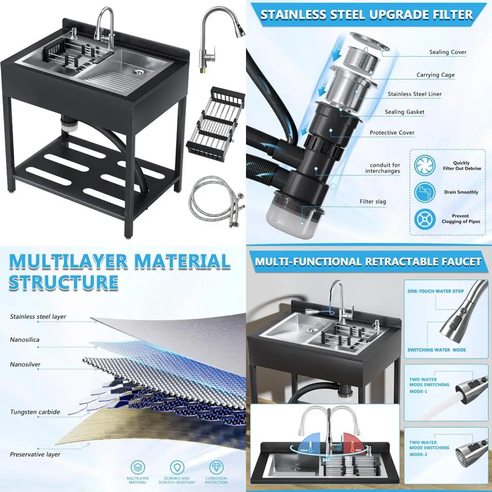 

Commercial Stainless Steel Utility Sink with Cold and Hot Faucets for Outdoor Kitchen Use, Including Hoses and Drainage Accessor