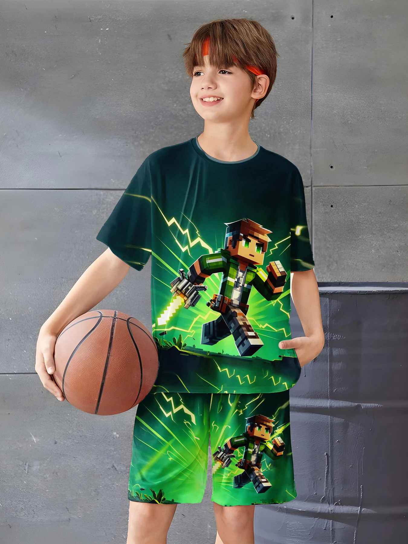 Boys' 3d Printed Game Player T-Shirts Suits - Vibrant Pixel Game Design, Children Clothing Sets, Baby Outdoor Wear