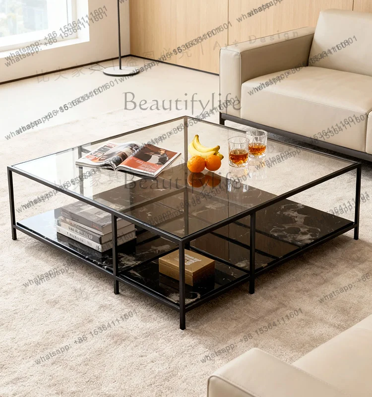 Luxury stone coffee table square modern light luxury tempered glass tea table black rose