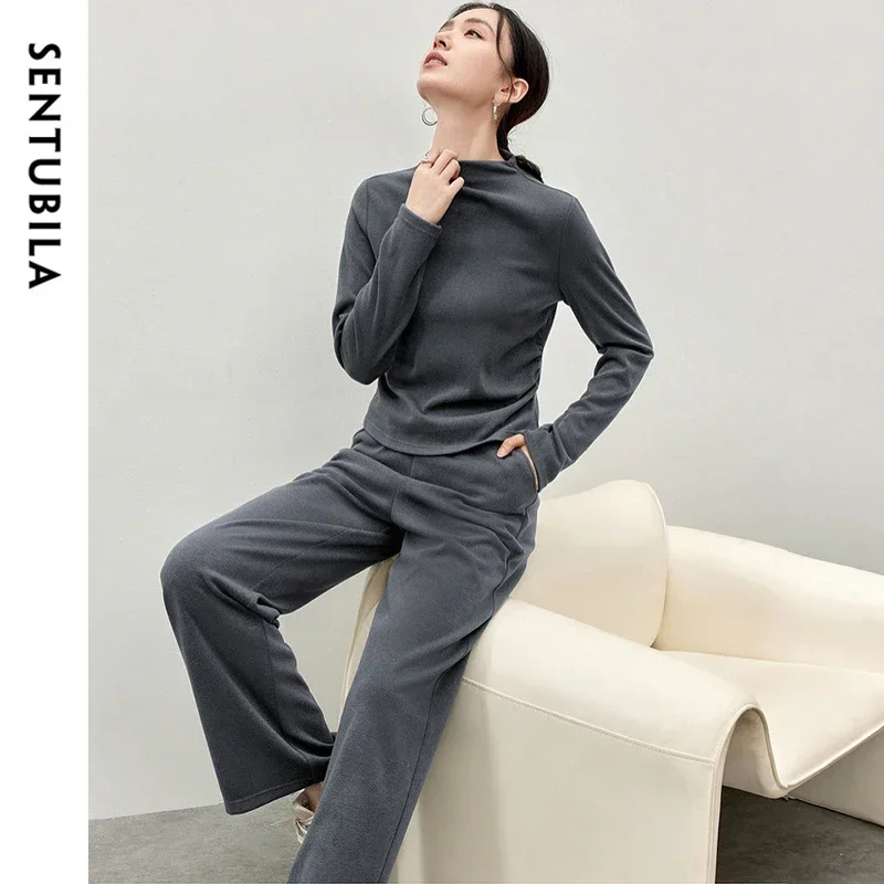 

SENTUBILA Grey Pant Sets 2025 Spring Irregular Half High Collar Tops Straight-Leg Pants 2 Piece Elegant Women's Sets 144Z56935