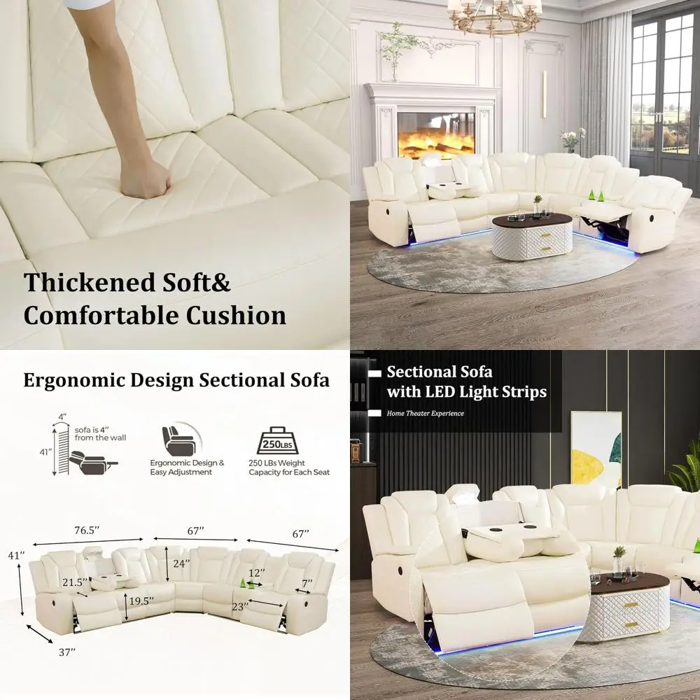 

Кожаный диван-реклайнер с электроприводом, LED-подсветкой, USB-портами и местом для хранения, цвет кремово-белый