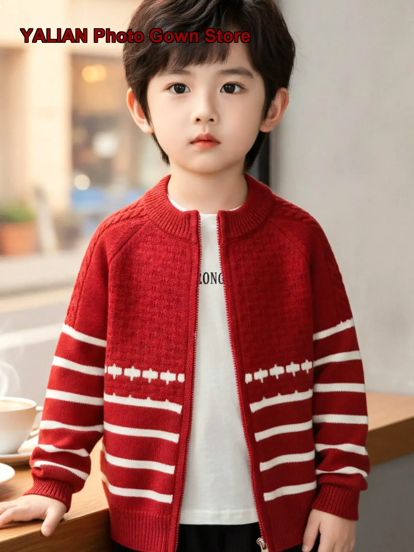 Little Boys Jacket Kids Spring Autumn Knit Top Red Stripe Stylish Western Style Casual