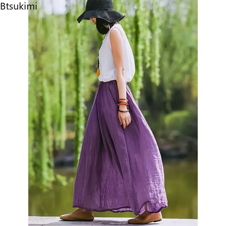 2025 Women Fashion Summer Retro Skirt Solid Color Loose Elastic Waist Half Skirt   Fashionable and Casual Versatile Long Skirts