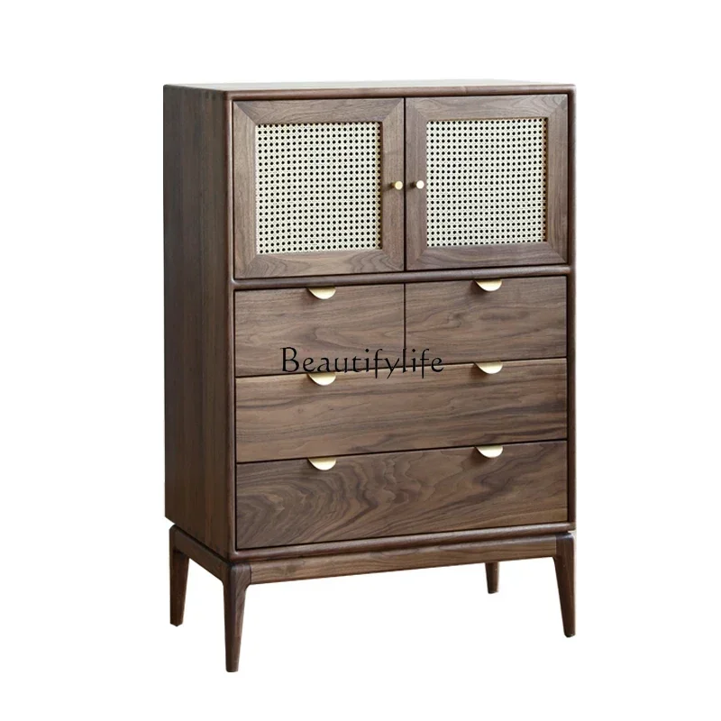 

12American bedroom high chest cabinet solid wood rattan door dining side cabinet Nordic retro simple storage living room drawer