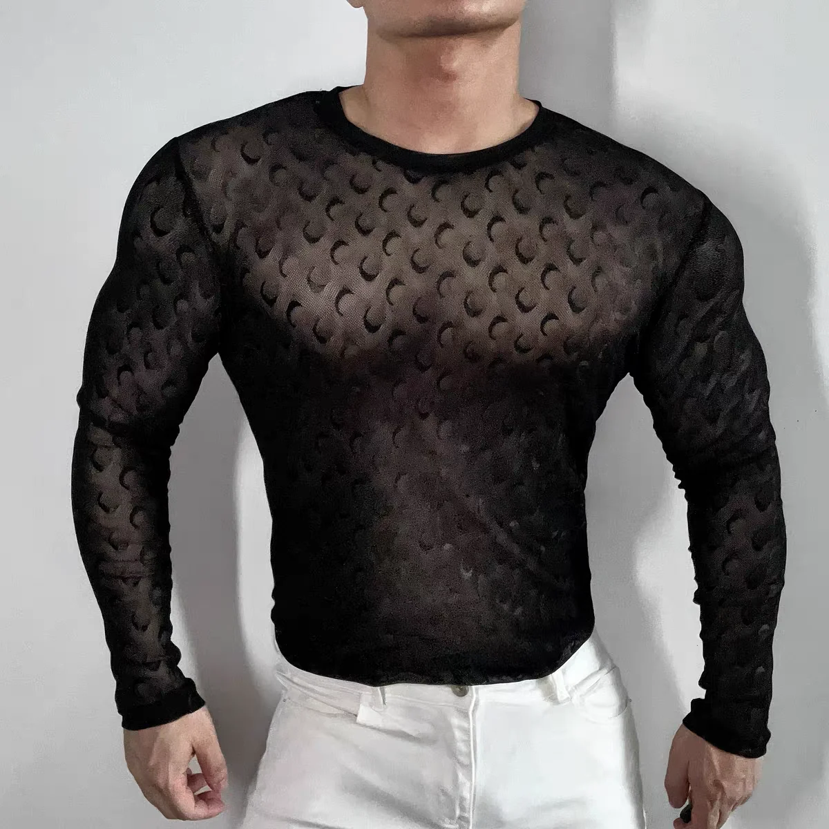 Americal Style Quick Drying T- Shirt Men's Sexy Fitness Black Long Sleeve Sports Shirt Bar Singer Dancer Stage costumes