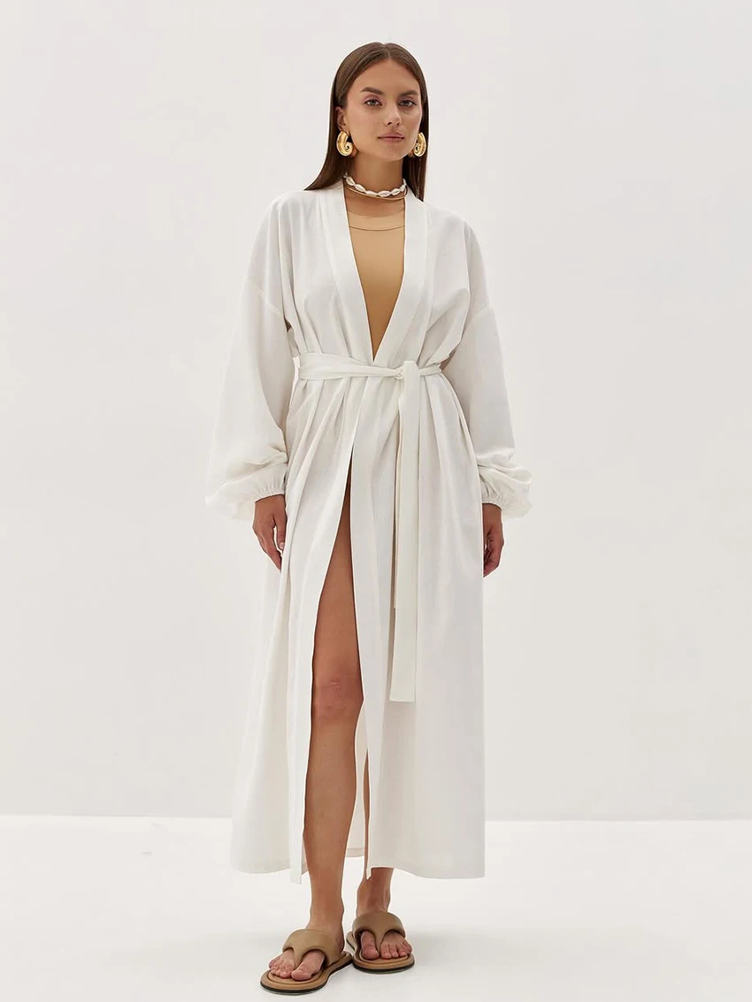 

Marthaqiqi Casual Female Sleepwear Long Sleeve Robe Sexy V-Neck Pajamas Lace Up Nightgowns Ankle-Length Cotton Women'S Nightwear