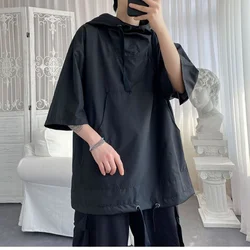 Men's Vintage Pocket Patchwork Tops Tees Summer New Black Loose Half Sleeve Hooded Trend T Shirts Casual Fashion Men Clothing