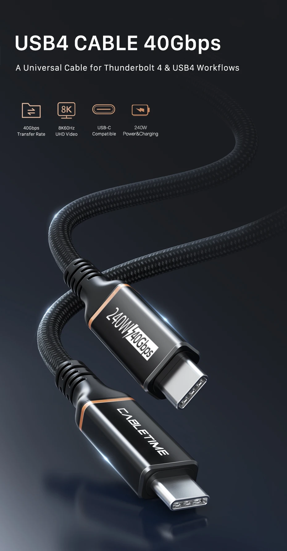 CABLETIME USB4-Kabel für Laptop, MacBook, Dock, 40 Gbit/s, unterstützt 8K, 60 Hz, PD240 W, schnelles Aufladen, Thunderbolt 3/4, USB 4.0, USB C zu C – Detail 2