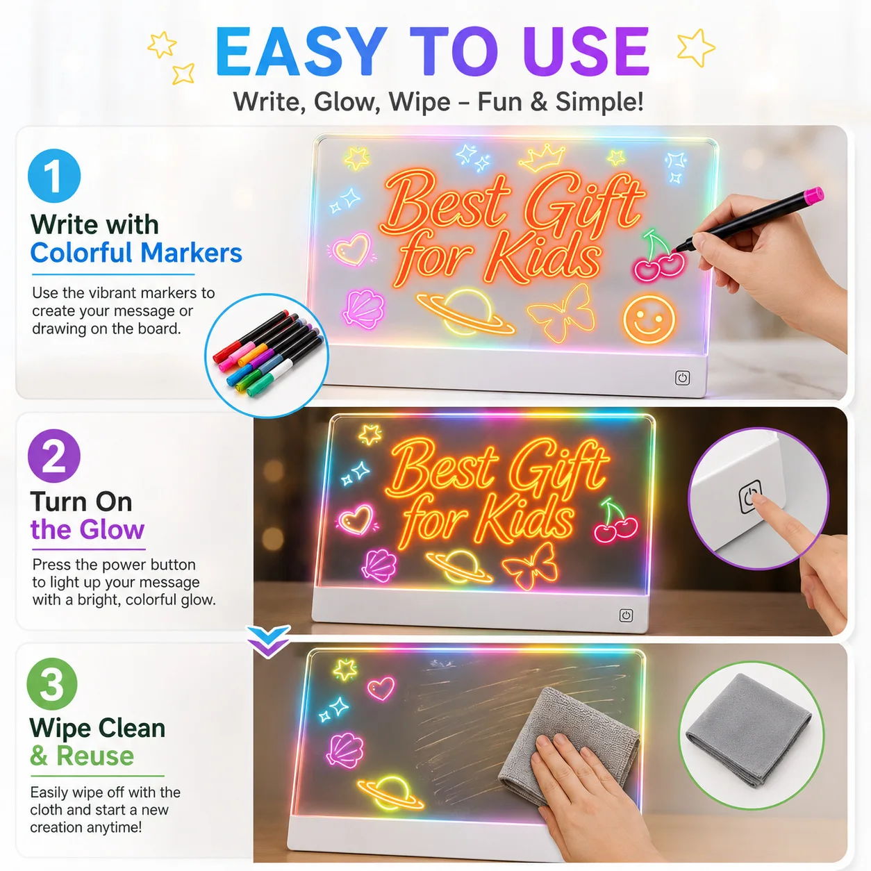 Touch-to-charge LED notepad, light-up drawing board, message board, drawing book, writing board with stand, colorful DIY view 5
