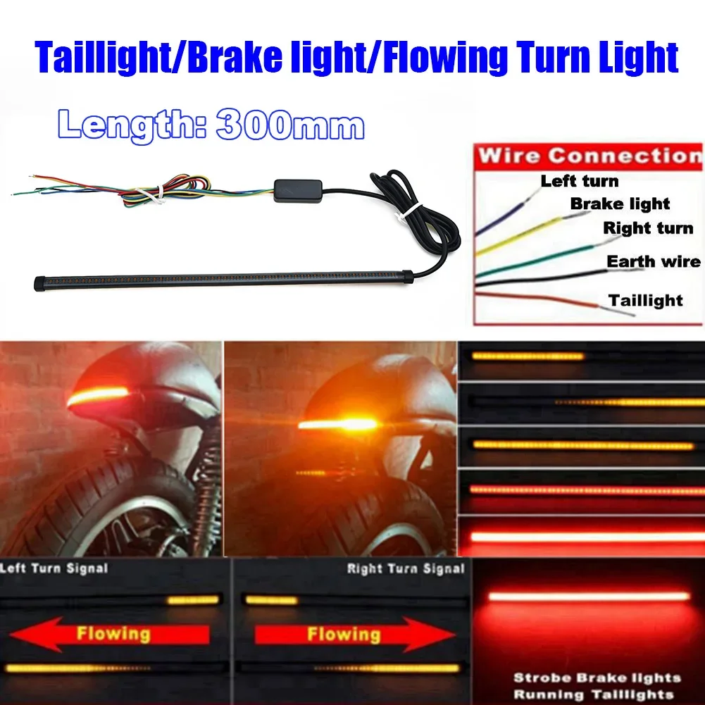 

30cm Motorcycle Flowing LED Tail Brake Turn Signals Strip Lights Two-color DC 12-24V 8000 K Sequential Switchback Flowing LED