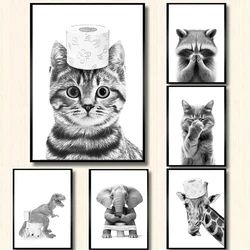 Engraçado Banheiro Poster Print Pintura De Lona, Gato, Girafa, Cão, Elefante, Papel Higiênico, Banheira, Arte Da Parede, Banheiro, Decoração de Casa