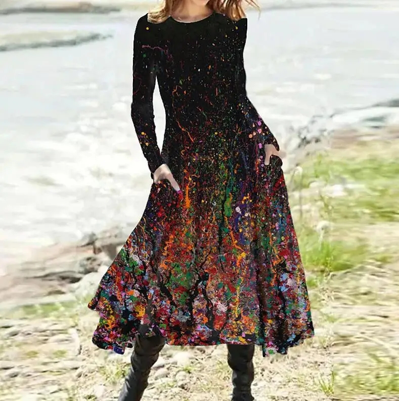 2025 New Fashion Printed Long Sleeve Ruffle Dress Women Autumn Casual Loose Bohemian Vacation Round Neck Long Dresses For Women