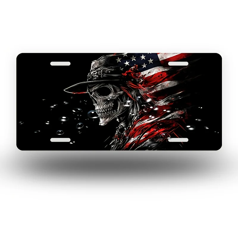 For Decoration Solely License Plate 2D Flat, Integrated Skull And American Flag Front License Plate | Aluminum Cover And Fram