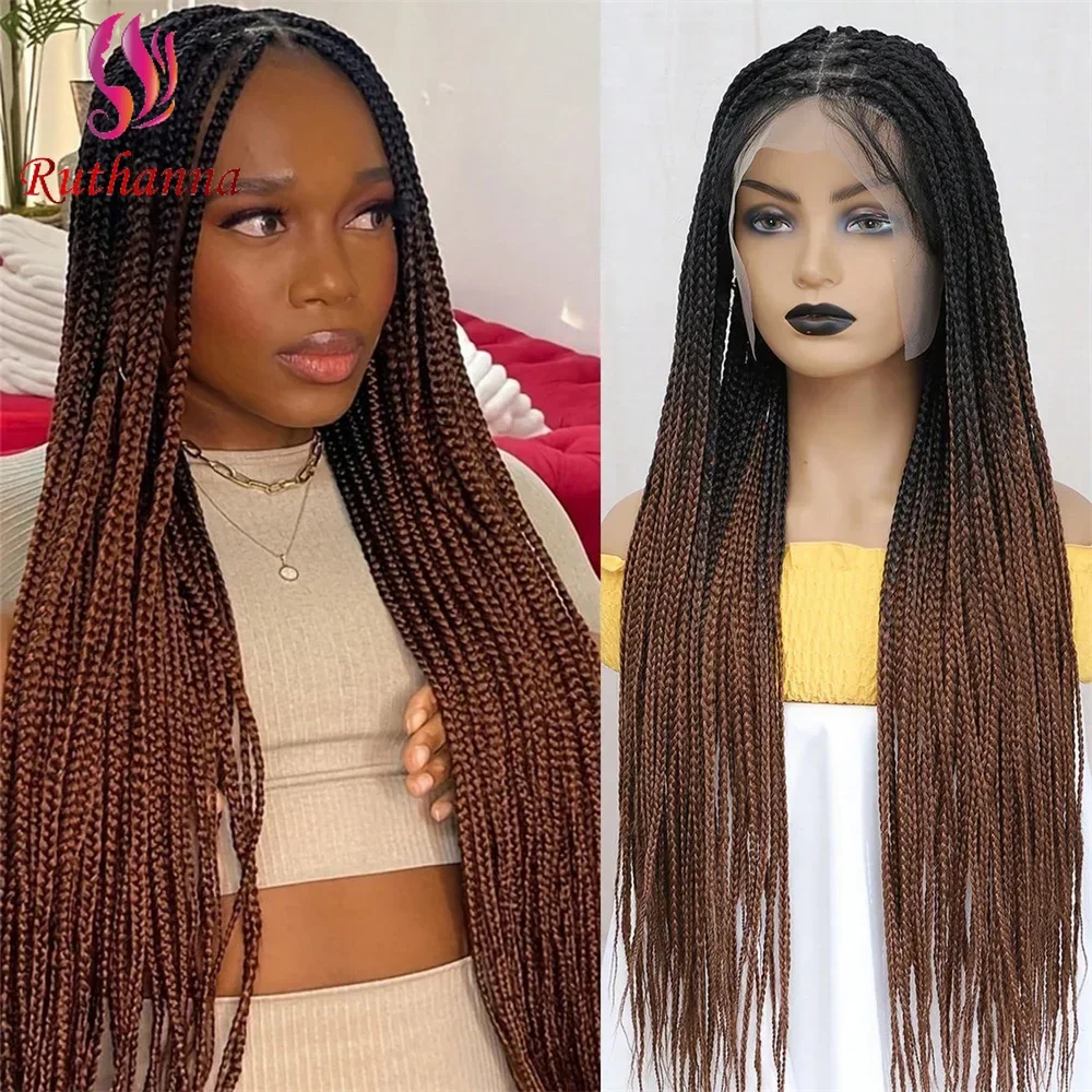 Box Braided Wigs Full Lace Synthetic 3X Twist Braids For Black Women 32 Inch Crochet Hair Baby Hair Transparent Lace Wig Daily