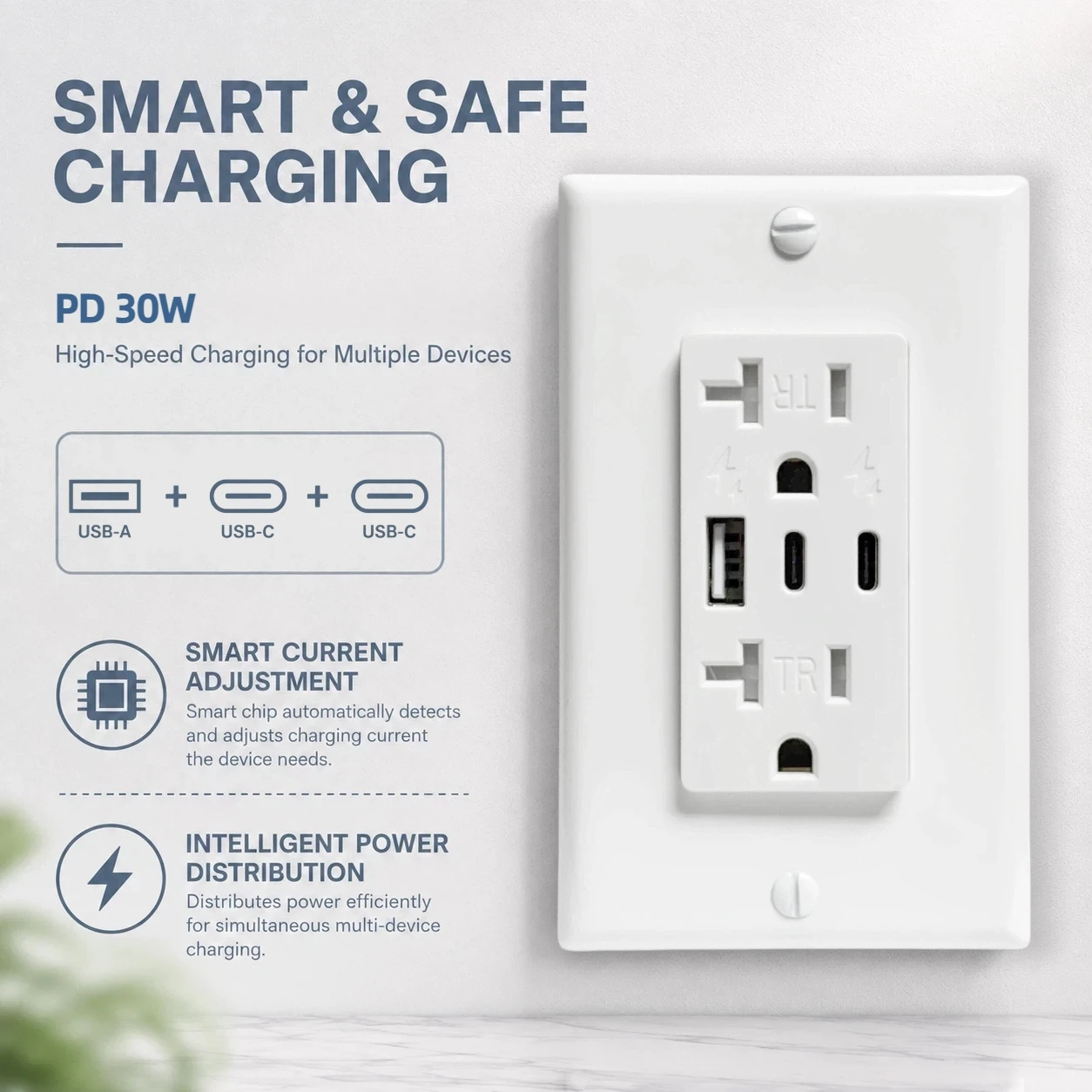 30W Fast-Charge USB Wall Outlet with USB Type C 20A 110V-125V USA Socket with 3 Ports Type-A + 2 C Wall Plate Included
