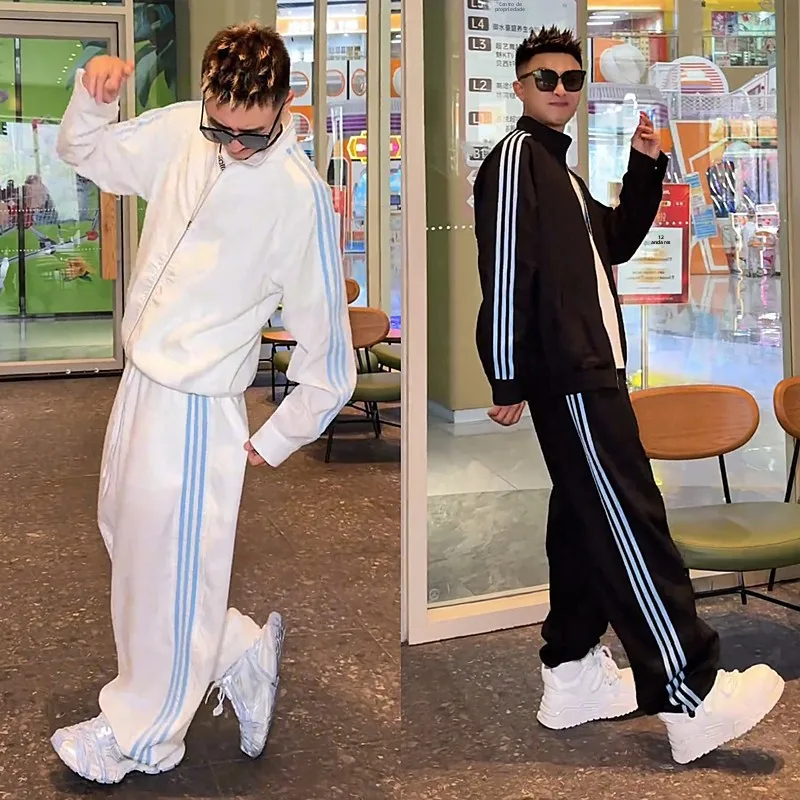 spring-summer-lightweight-cool-feeling-quick-dry-sun-protection-set-striped-weave-belt-sport-collar-jacket-straight-leg-pants