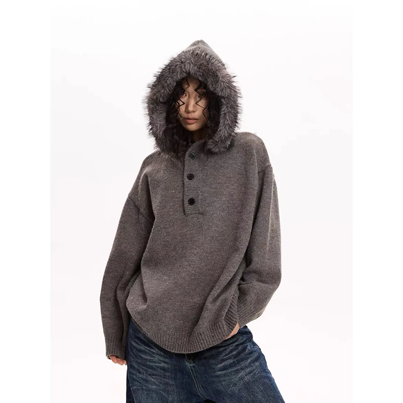 

YIBASHU Streetwear Y2K Hooded Sweaters Vintage Harajuku Hip Hop Knitted Jumper American Retro Gray Gothic Loose Long Sleeve Tops