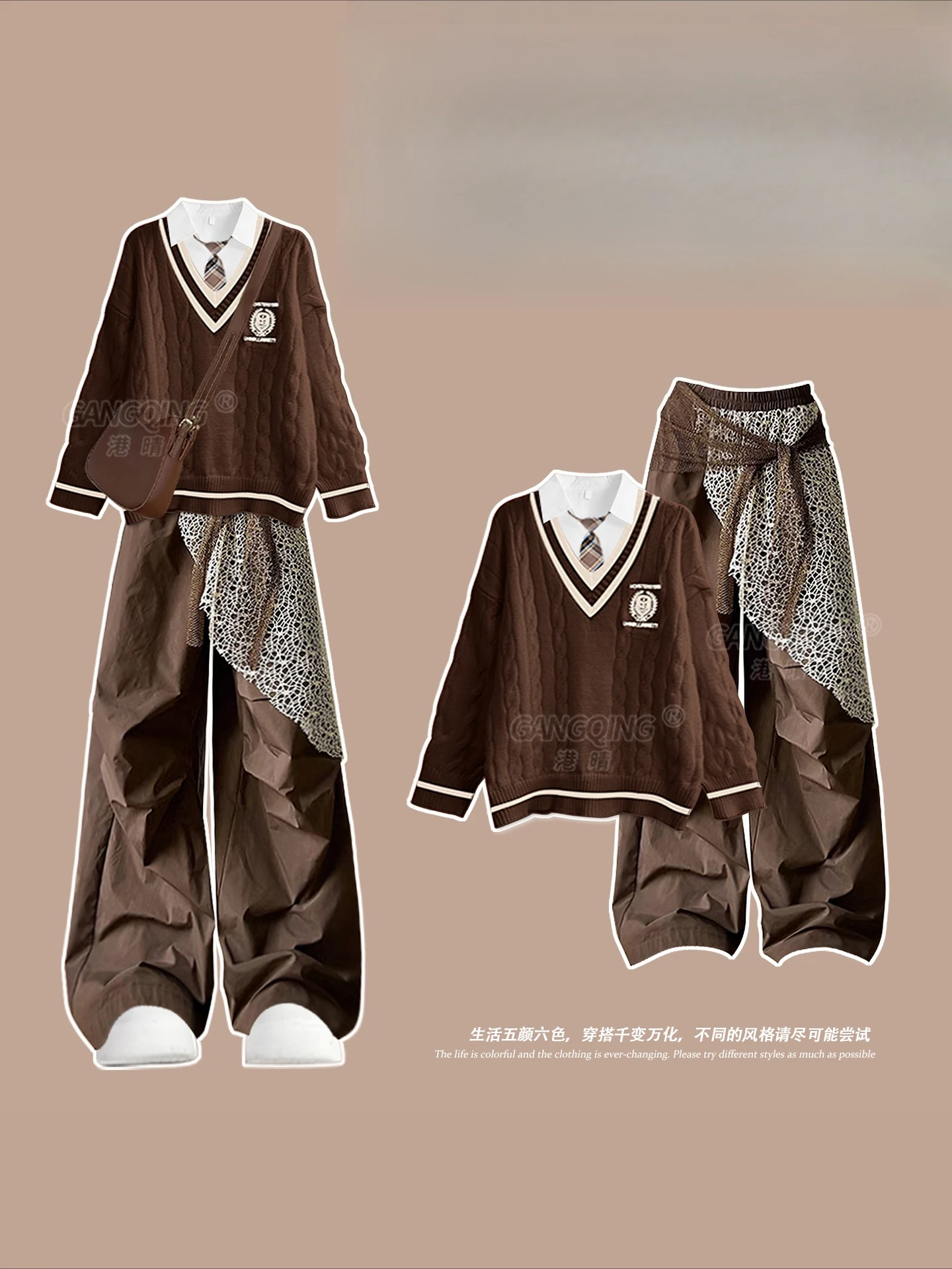 2025 Spring and Autumn New College Style Casual Outfit Coffee Color V-Neck Long Sleeve Sweater Cargo Pants White Tie Shirt