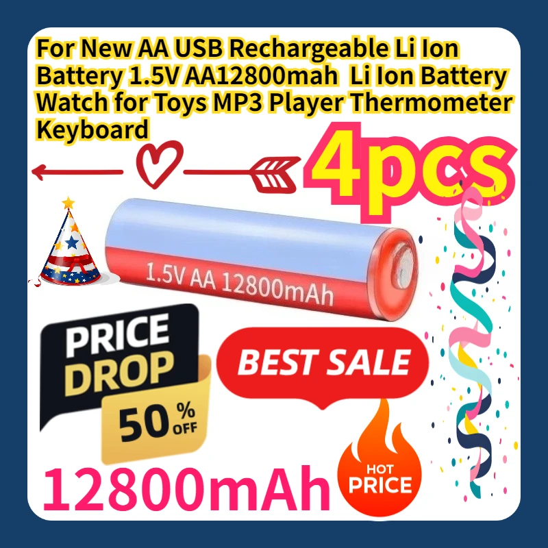 

For New AA USB Rechargeable Li Ion Battery 1.5V AA12800mah Li Ion Battery Watch for Toys MP3 Player Thermometer Keyboard