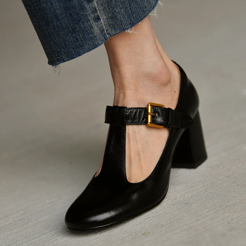 Mary Jane Shoes Women Pumps French Style Ladies Elegant Shoes One Strap BuckleSpring Atumn Pumps Cowhide Shoes Thick Heel 7CM