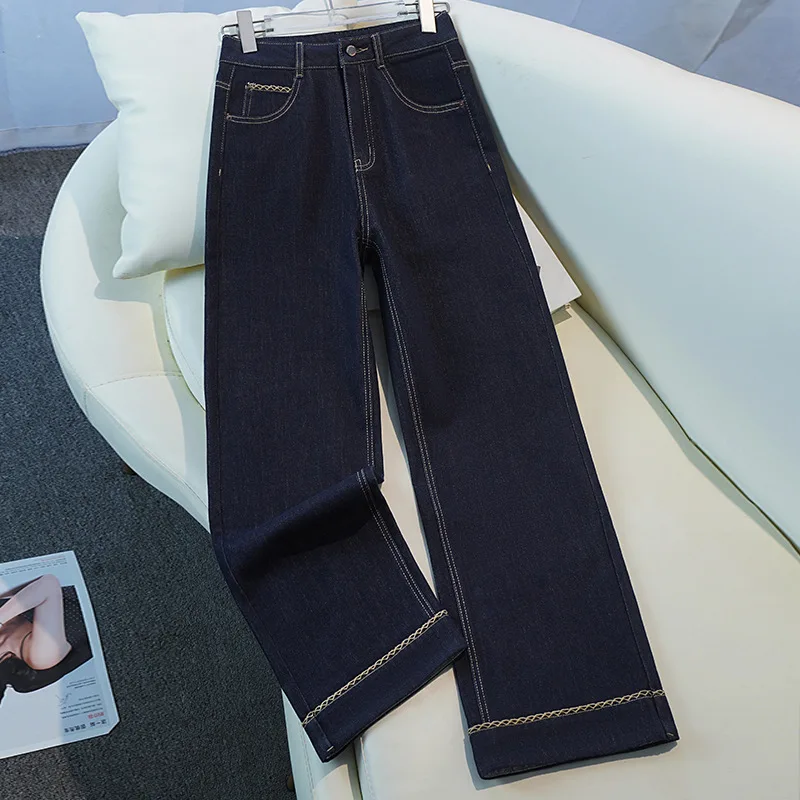 سروال دينم أزرق ضيق للنساء، سروال ريترو للربيع والخريف متعدد الاستخدامات عالي الخصر مستقيم الساق، سروال بطول الأرض