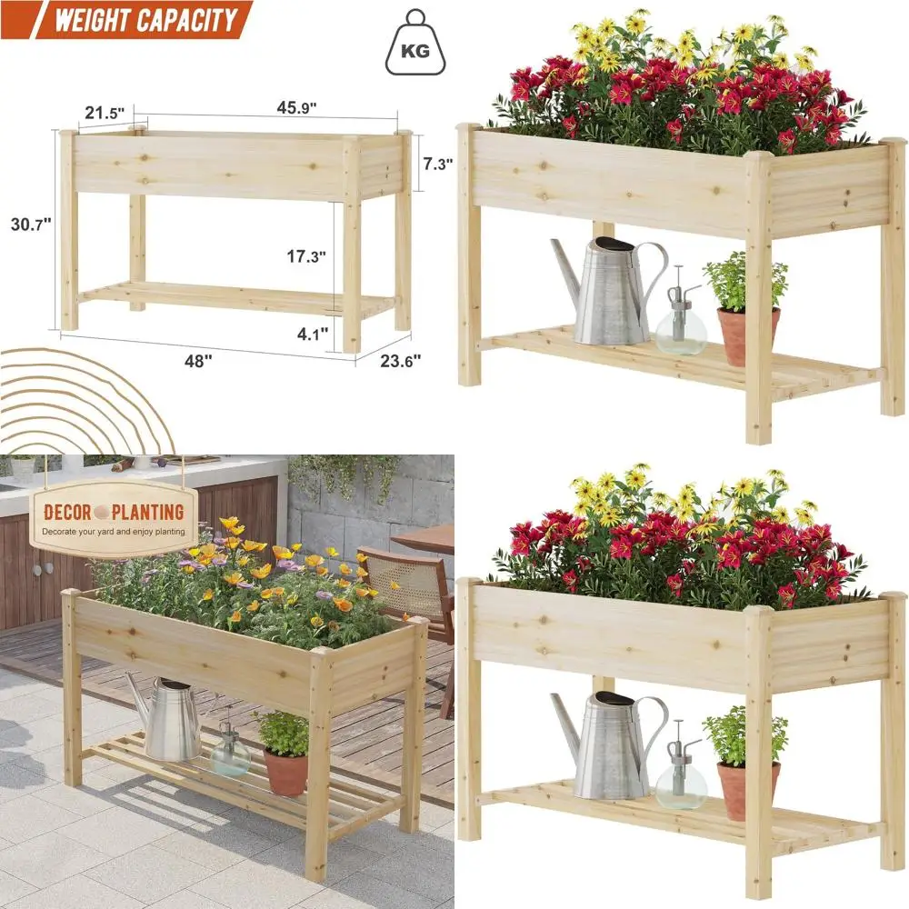 

Elevated Wooden Planter Box with Shelf, 200lb Capacity Garden Bed for Backyard, Patio, Balcony - Natural