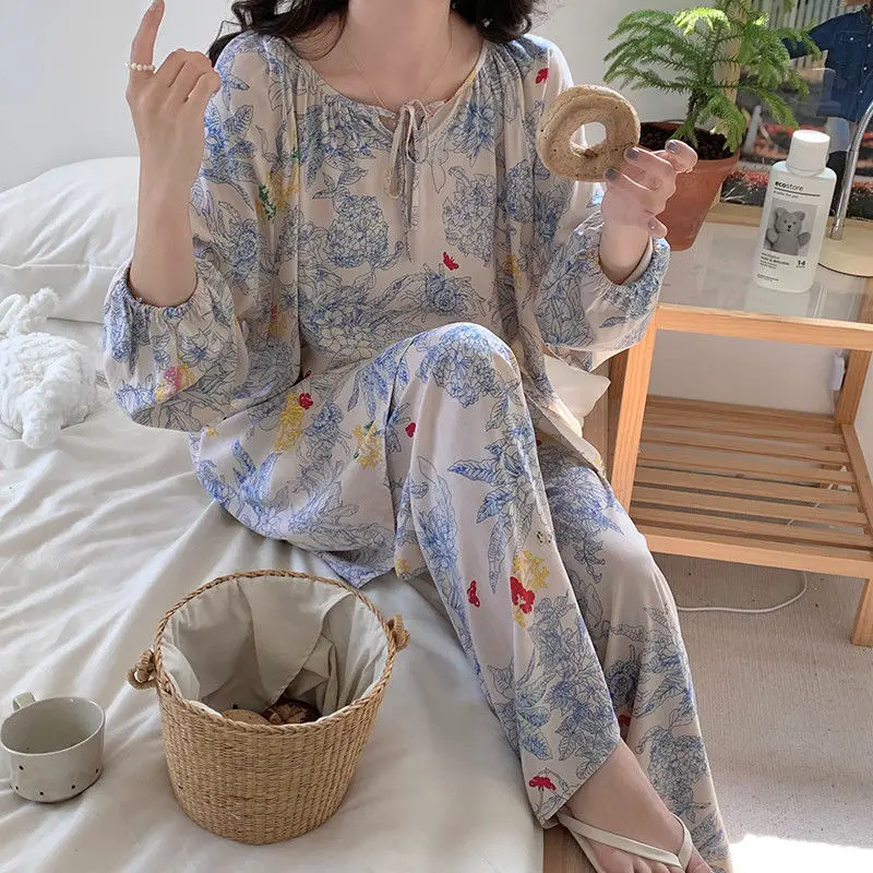 Vintage Cotton Pajamas Women Long Sleeve Pullover Pants Two-piece Print Pajama Sets Loungewear Thin Sleepwear High-end Clothing