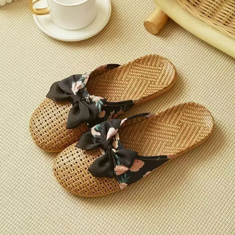 

Women Cane Woven Baotou Bowknot Linen Slippers Summer New Lightweight Non Slip Breathable Home Slippers Floor Silent Slippers