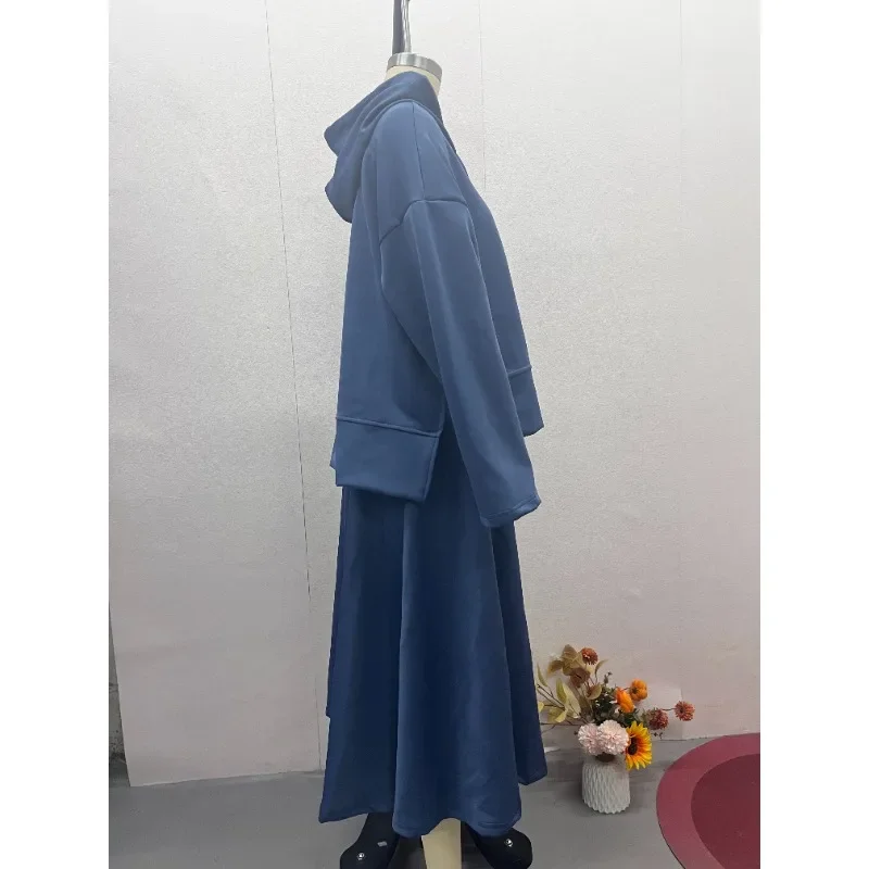 

Solid color fashion sweater skirt set Solid color hooded pullover top A-shaped skirt casual suit women DB7027