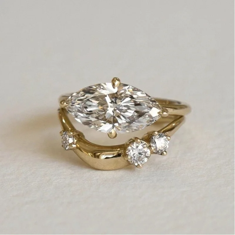 S925 Silver Plated 18K Gold Double-Ring Stackable Wedding Ring Set, with Lab-Grown Diamond-Cut Marquise Moissanite, Customizable