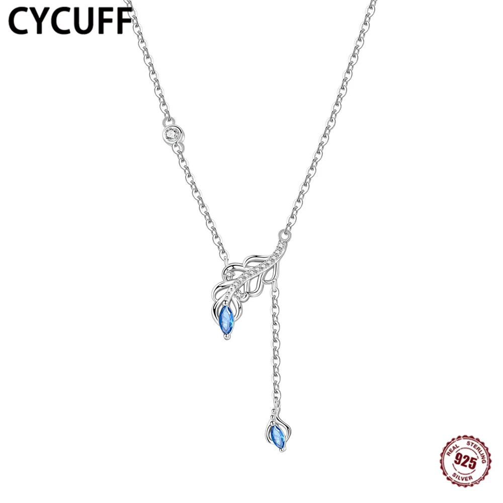 

CYCUFF 925 Sterling Silver Blue Feather Necklace, Fashionable and Simple Necklace, Exquisite Jewelry for Women's Parties