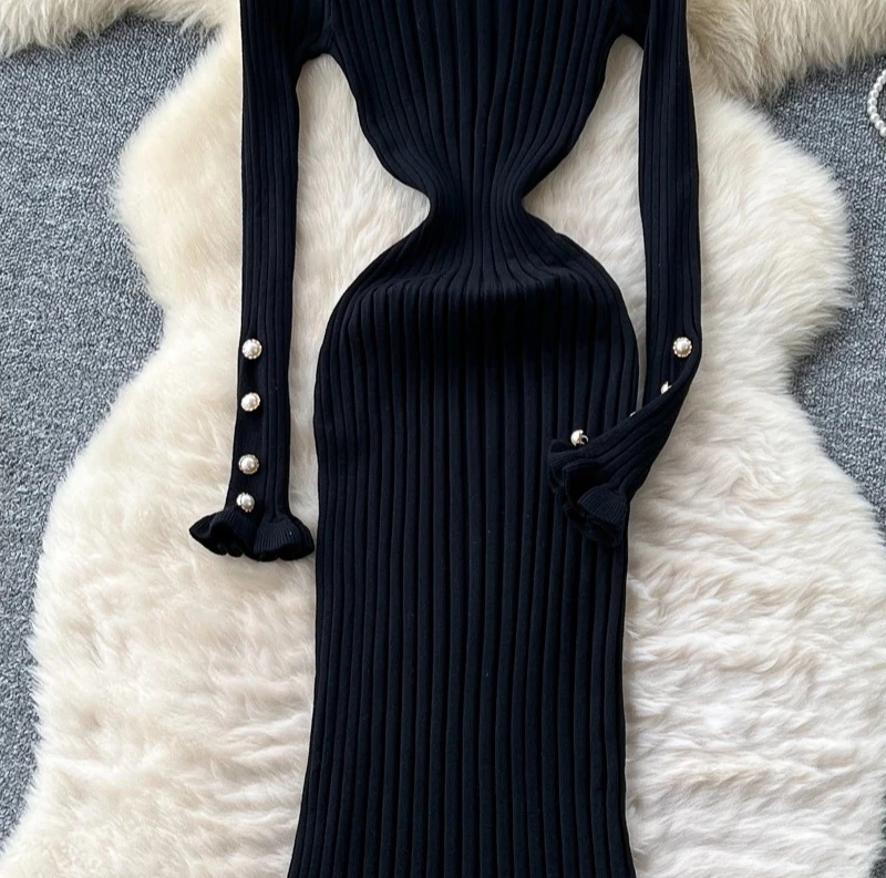 가을 겨울 니트 러플 랩 드레스 2025 신상 버튼 긴팔 캐주얼 시스 스웨터 드레스