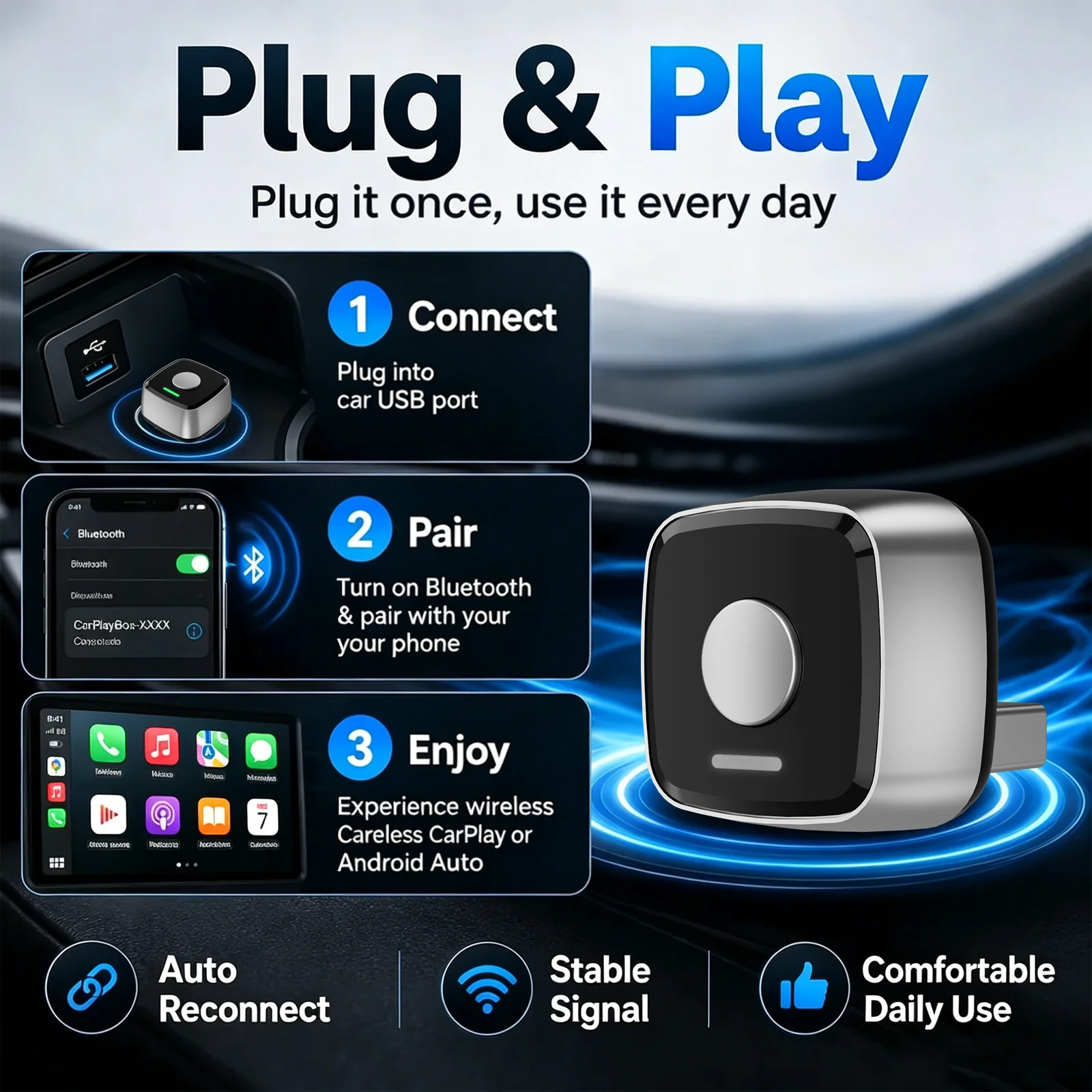 2026 Upgraded Wireless 2-in-1 Car Adapter – Supports iPhone & Android Mini Wired-to-Wireless Adapter for CarPlay & Android Auto