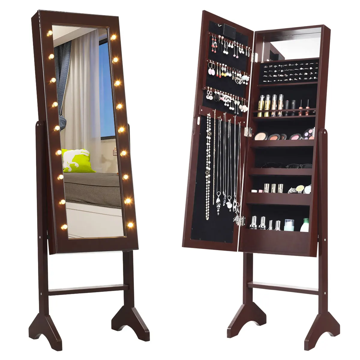 Free Standing Mirrored Jewelry Cabinet Armoire Organizer w/ 18 LED Lights Brown