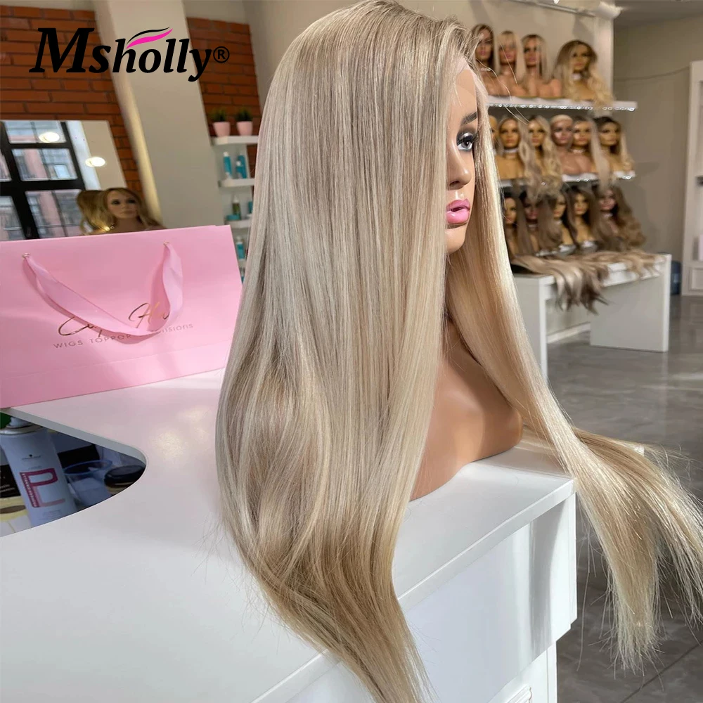 Perruque Lace Front Wig Remy Brésilienne Naturelle, Cheveux Lisses, Blond Ombré, 13 Tages, pour Femme