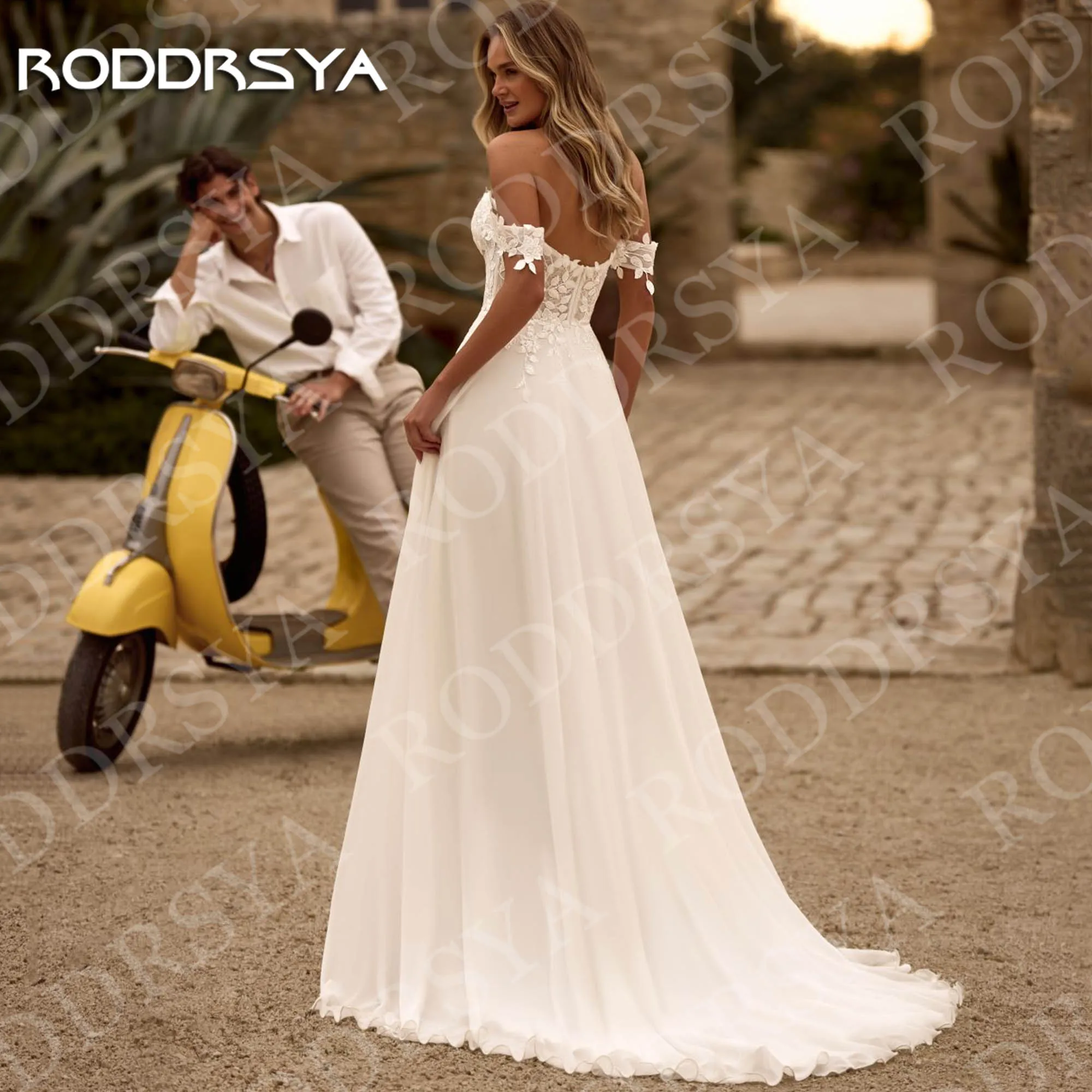 RODDRSYA Boheemse A-lijn Trouwjurk Kant Chiffon Vrouw Romantische Applicaties Off Schouder Hoge Split Bruidsjurken Aangepast Bohemian een lijn bruidsjurk kant chiffon vrouw romantische applicaties off schouder hoge sli