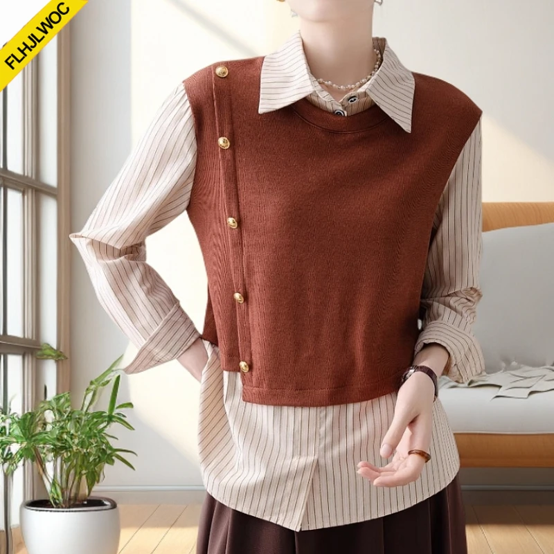 Offres spéciales nouveau 2025 bureau Blouse femmes mode mignon doux Style Preppy filles Patchwork hauts à rayure faux deux pièces conception chemises