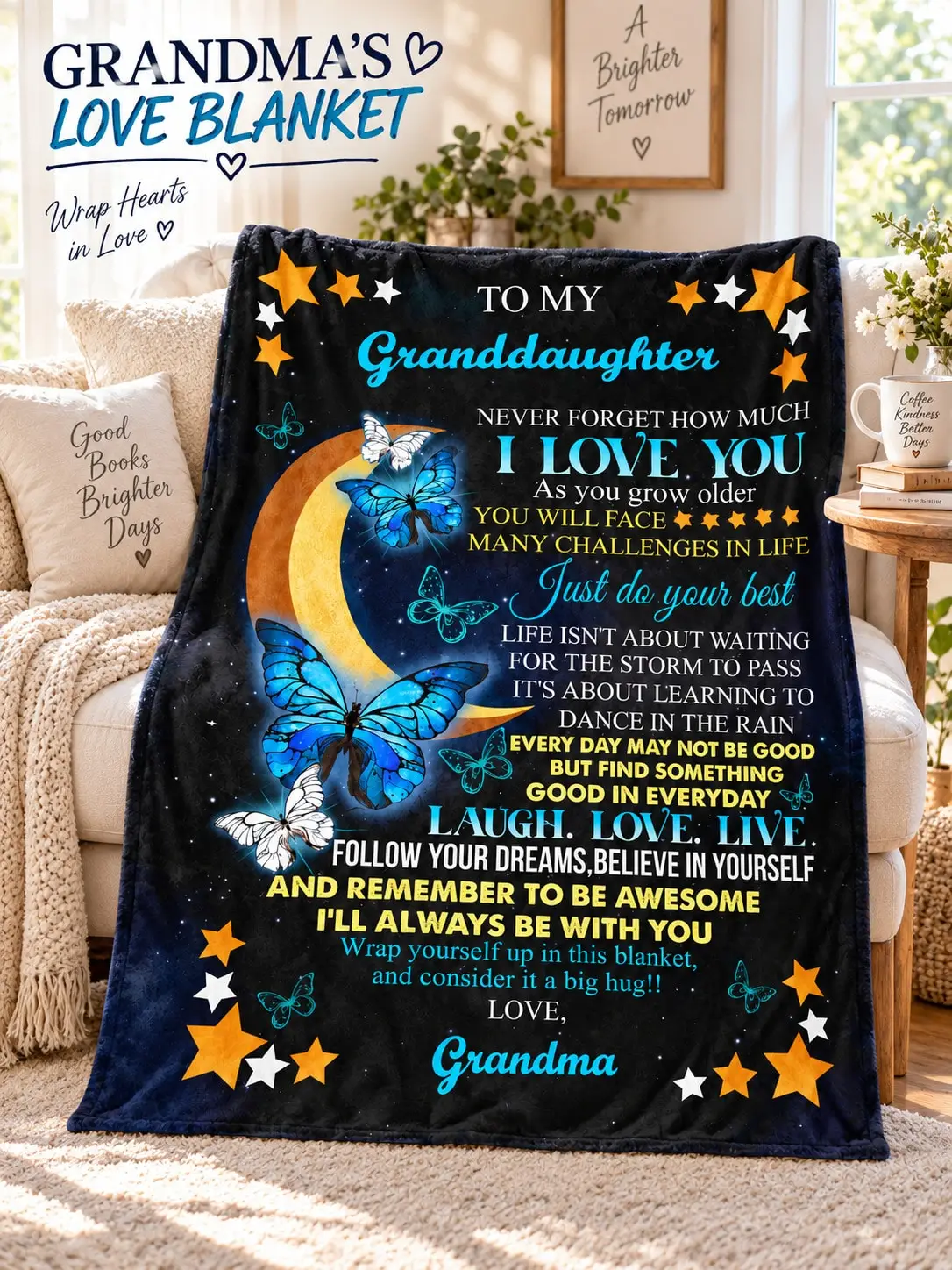 Granddaughter Flannel Blankets & Throws Moon Butterfly Star Encouragement Message Gift From Grandma for Birthday Christmas Thanksgiving Anniversary Couch Bed Bedroom Home Travel Reading Office Dorm Camping Holiday Keepsake Family Present Decorative
