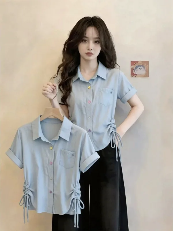 

Chic Blue Short Sleeve Shirt Women's Summer Drawstring Waist Slimming Top Korean Style Commute Fashion Polyester Nylon